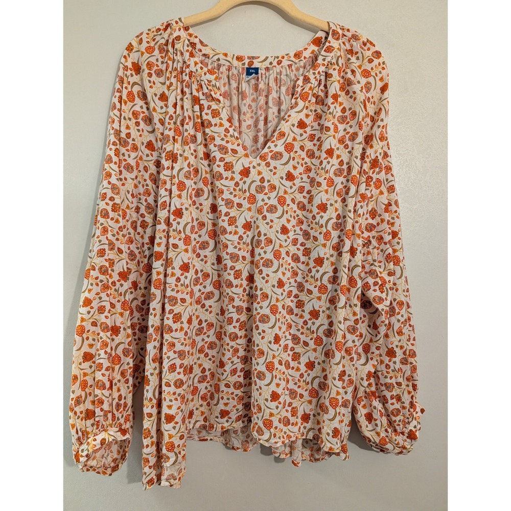 Old Navy Womens XXL Floral V-Neck Balloon Sleeve Blouse Orange Sea Salt CW858969